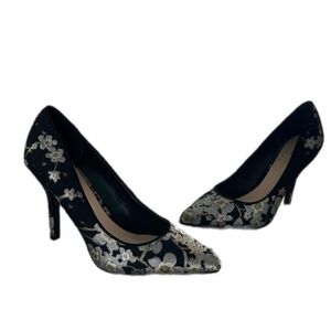 Nine West Black and Silver Tatiana Floral Pointy Toe Stiletto Heels
